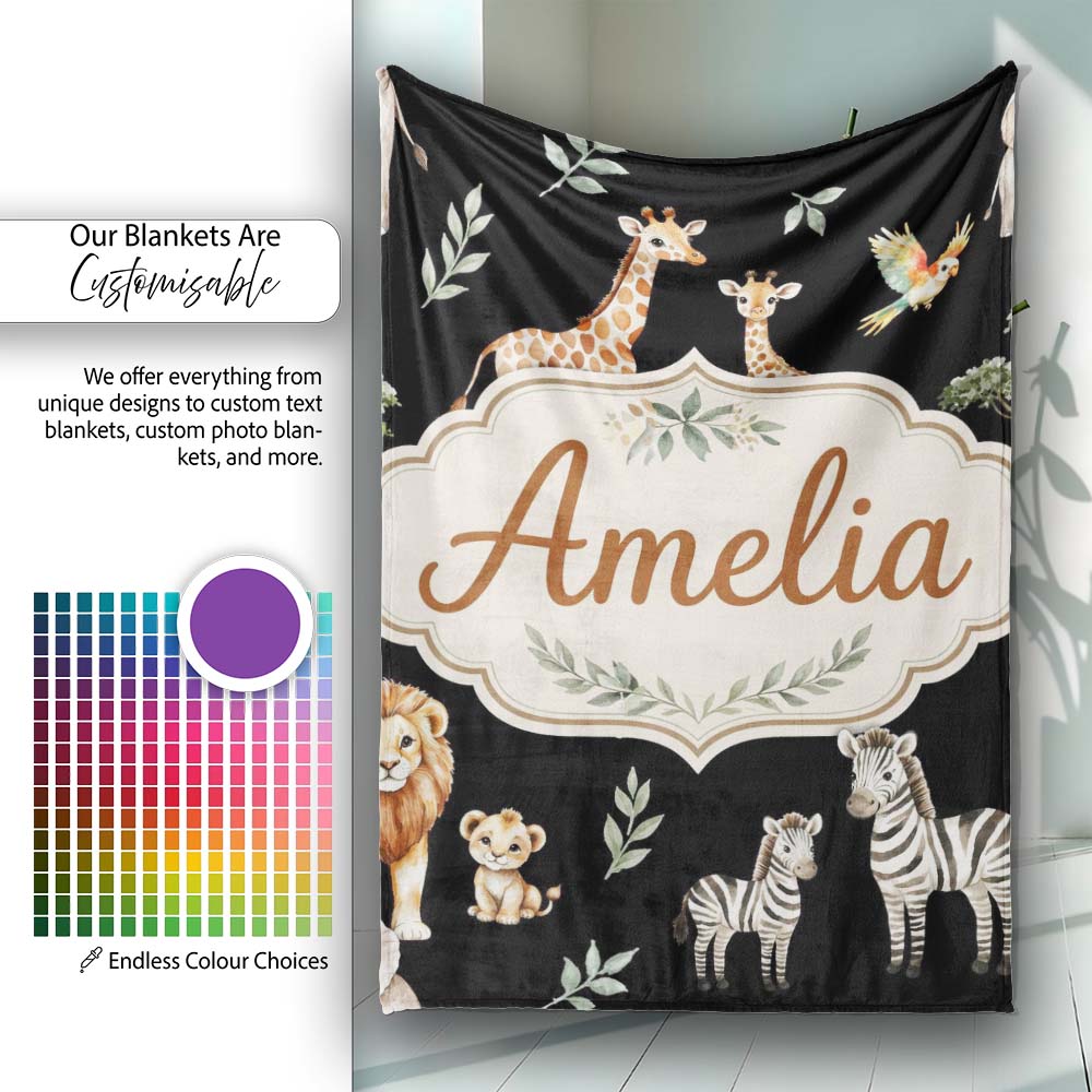 Watercolor Safari Jungle Animals Giraffe Lion Zebra Seamless Pattern  Personalised Custom Name Super Soft Fleece Blanket Bed Sofa Throw