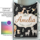 Watercolor Safari Jungle Animals Giraffe Lion Zebra Seamless Pattern  Personalised Custom Name Super Soft Fleece Blanket Bed Sofa Throw