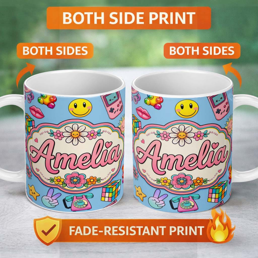 Personalized Custom Name Smiley Roller Skate Game Console Blue Background Seamless Pattern 11oz Ceramic Coffee Tea Mug White Large Handle