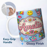 Personalized Custom Name Smiley Roller Skate Game Console Blue Background Seamless Pattern 11oz Ceramic Coffee Tea Mug White Large Handle