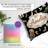 Custom Name Watercolor Safari Jungle Animals Lion Zebra Seamless Square Filled Cushion Throw Pillow Sofa Bed Home Decor Zip Washable UK Made