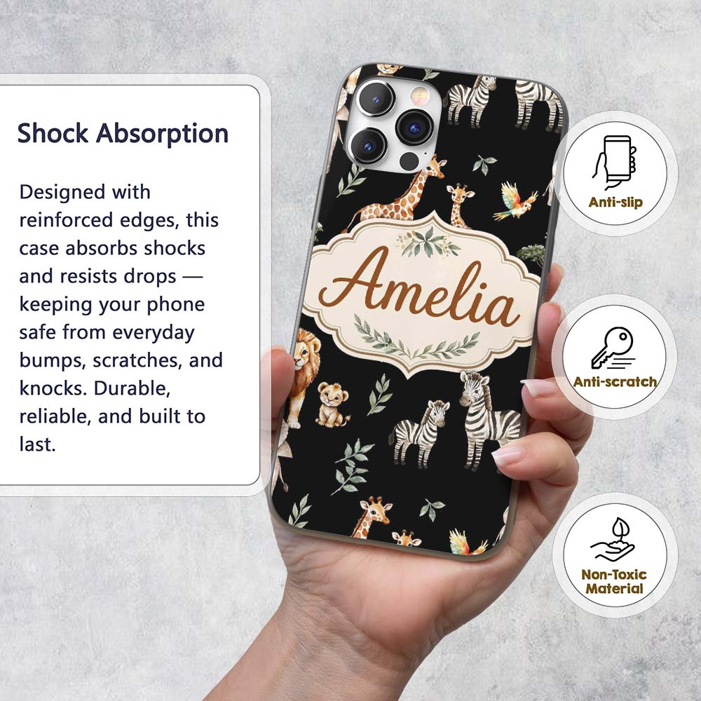 Watercolor Safari Jungle Animals Giraffe Lion Custom Name Protective Phone Case Mobile Cover Durable Everyday Smartphone Shock Resistant