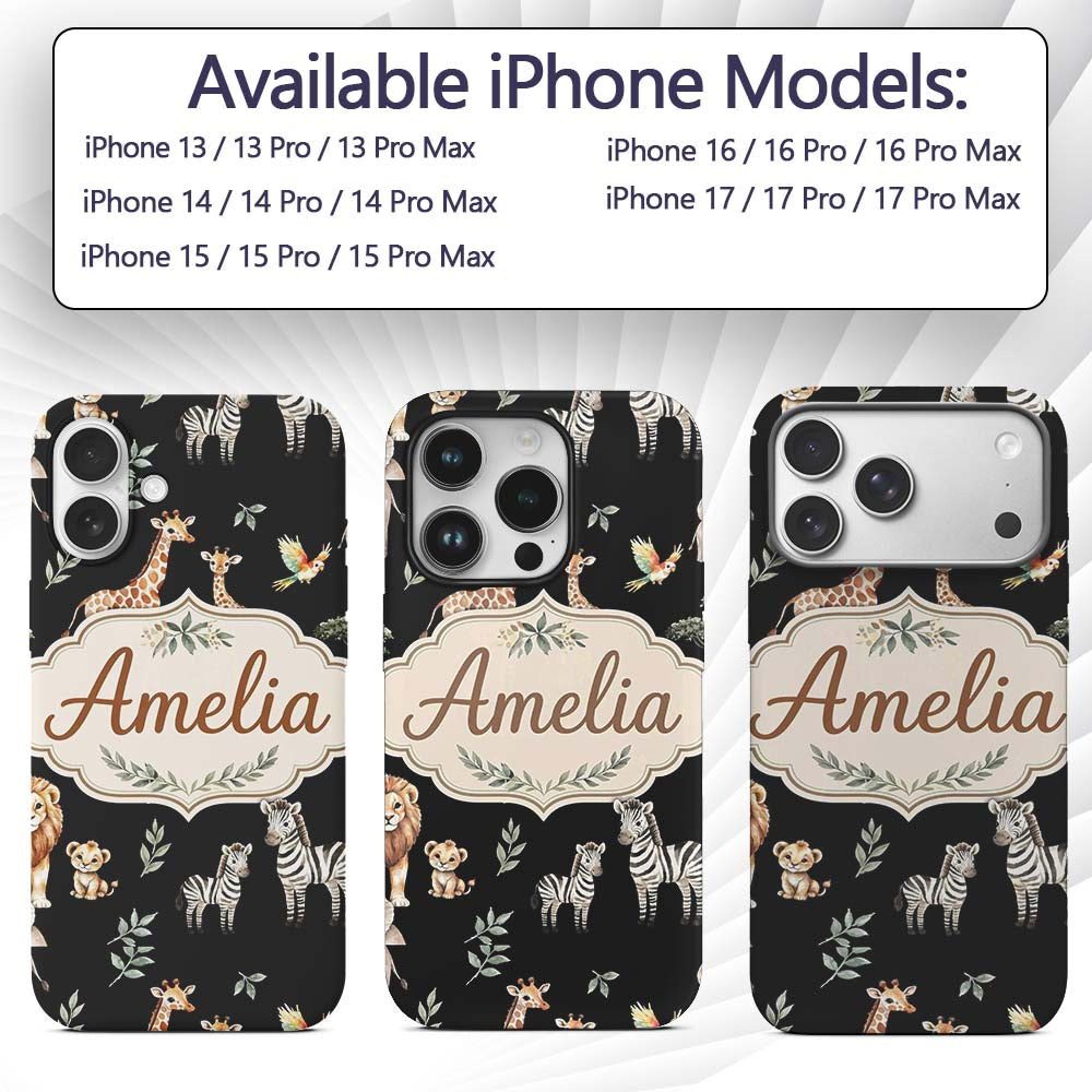 Watercolor Safari Jungle Animals Giraffe Lion Custom Name Protective Phone Case Mobile Cover Durable Everyday Smartphone Shock Resistant