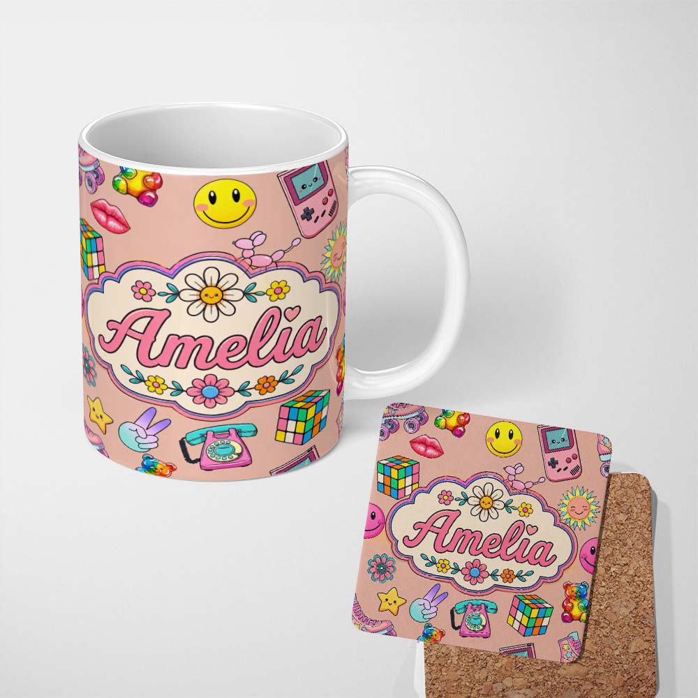 Personalized Custom Name Smiley Roller Skate Game Console Beige Background Seamless Pattern 11oz Ceramic Coffee Tea Mug White Large Handle