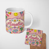 Personalized Custom Name Smiley Roller Skate Game Console Beige Background Seamless Pattern 11oz Ceramic Coffee Tea Mug White Large Handle