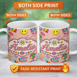 Personalized Custom Name Smiley Roller Skate Game Console Beige Background Seamless Pattern 11oz Ceramic Coffee Tea Mug White Large Handle