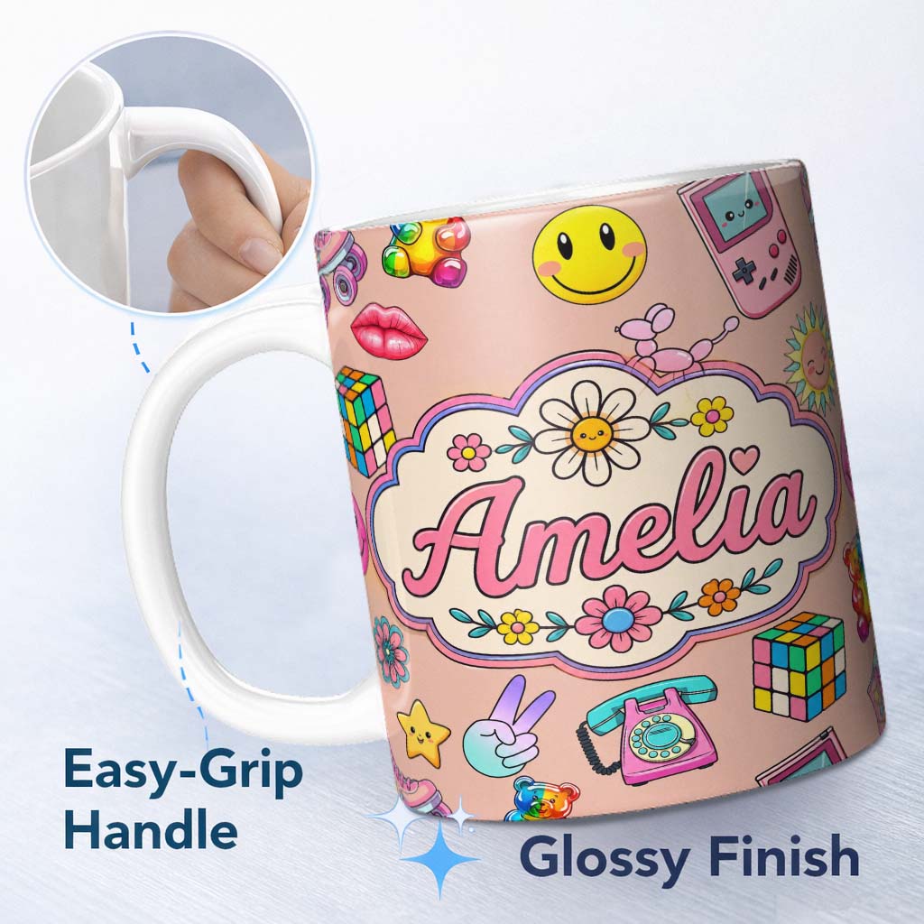 Personalized Custom Name Smiley Roller Skate Game Console Beige Background Seamless Pattern 11oz Ceramic Coffee Tea Mug White Large Handle