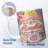 Personalized Custom Name Smiley Roller Skate Game Console Beige Background Seamless Pattern 11oz Ceramic Coffee Tea Mug White Large Handle