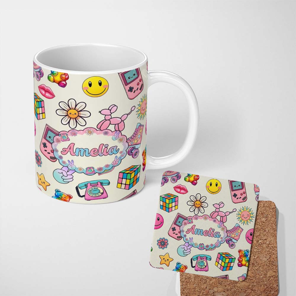 Personalized Custom Name Smiley Roller Skate Game Console Light Cream Background Seamless 11oz Ceramic Coffee Tea Mug White Large Handle