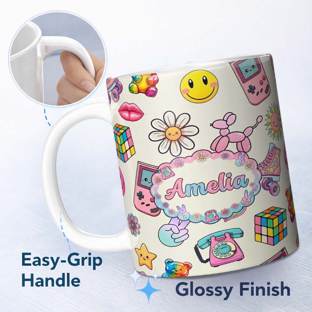Personalized Custom Name Smiley Roller Skate Game Console Light Cream Background Seamless 11oz Ceramic Coffee Tea Mug White Large Handle