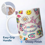 Personalized Custom Name Smiley Roller Skate Game Console Light Cream Background Seamless 11oz Ceramic Coffee Tea Mug White Large Handle