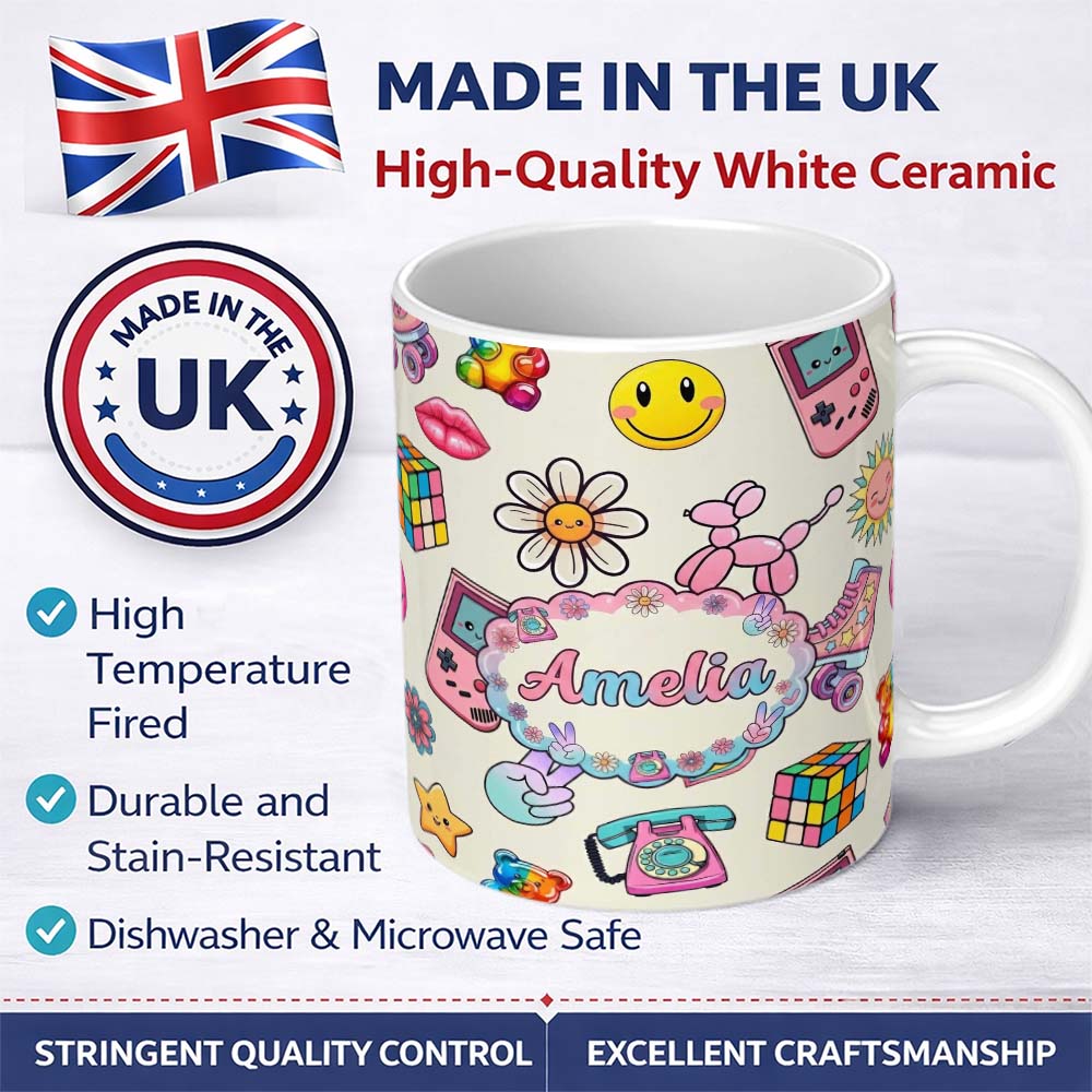 Personalized Custom Name Smiley Roller Skate Game Console Light Cream Background Seamless 11oz Ceramic Coffee Tea Mug White Large Handle