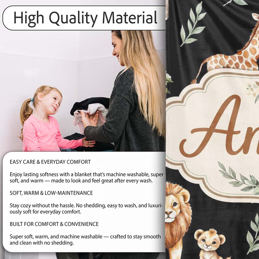 Watercolor Safari Jungle Animals Giraffe Lion Zebra Seamless Pattern  Personalised Custom Name Super Soft Fleece Blanket Bed Sofa Throw