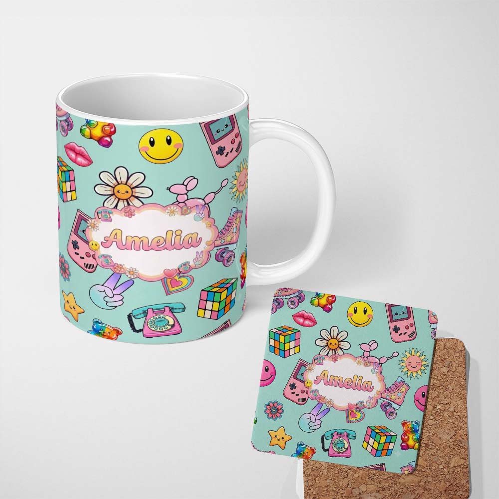 Personalized Custom Name Smiley Roller Skate Game Console Mint Green Background Seamless 11oz Ceramic Coffee Tea Mug White Large Handle