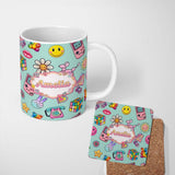 Personalized Custom Name Smiley Roller Skate Game Console Mint Green Background Seamless 11oz Ceramic Coffee Tea Mug White Large Handle