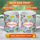 Personalized Custom Name Smiley Roller Skate Game Console Mint Green Background Seamless 11oz Ceramic Coffee Tea Mug White Large Handle