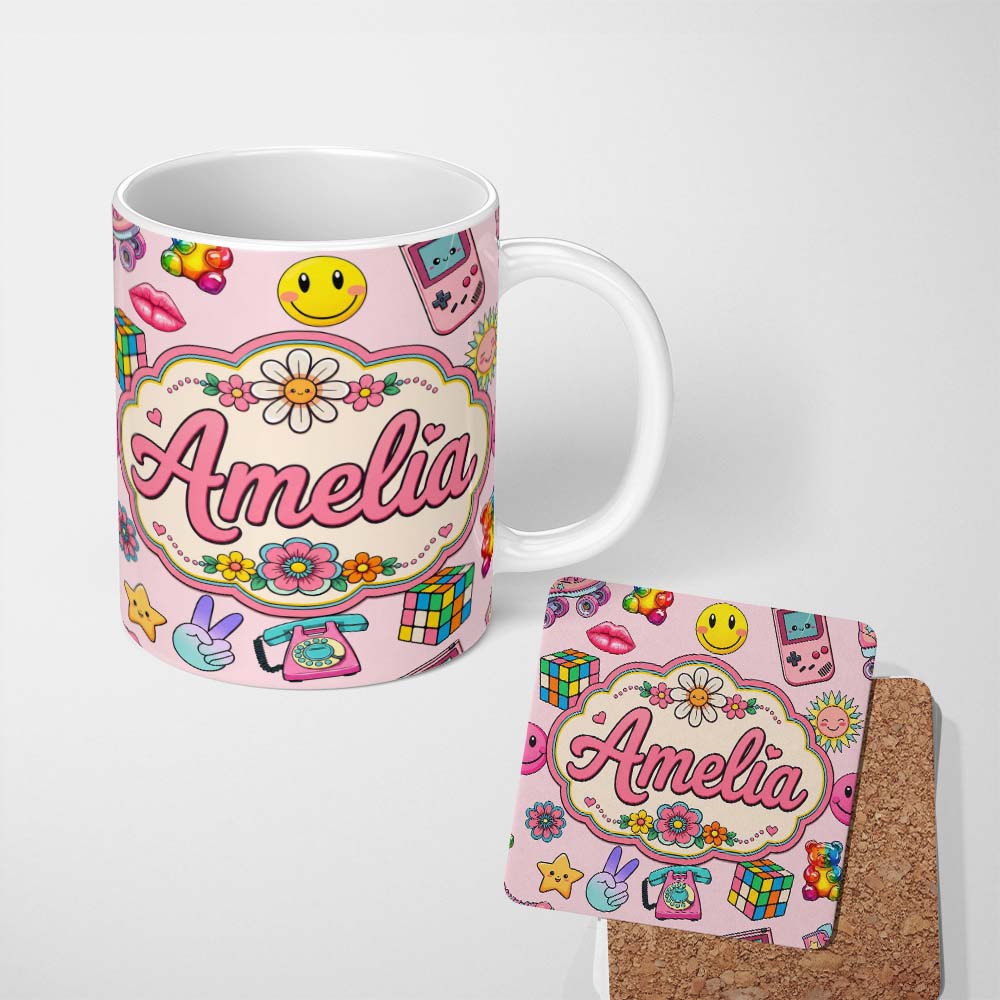 Personalized Custom Name Smiley Roller Skate Game Console Blush Pink Background Seamless 11oz Ceramic Coffee Tea Mug White Large Handle