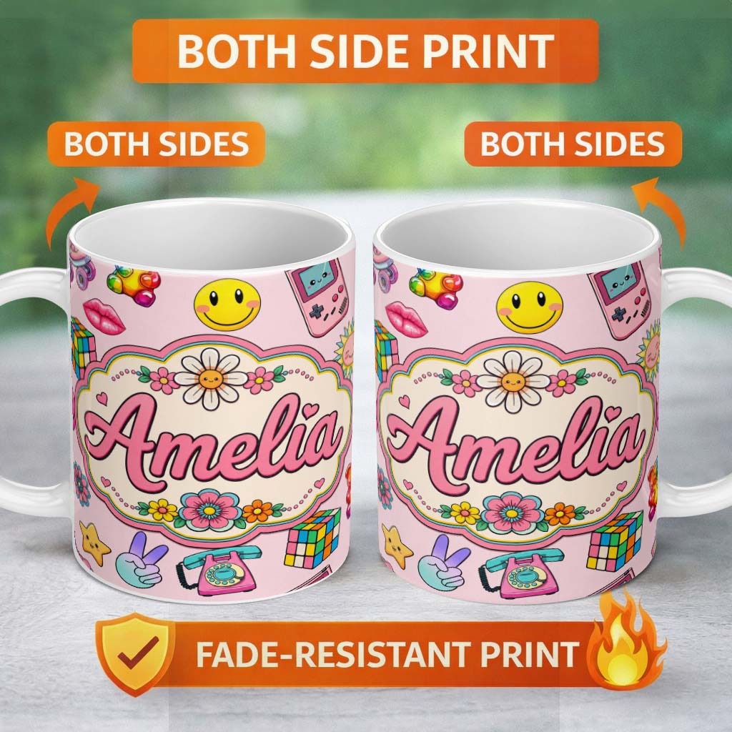 Personalized Custom Name Smiley Roller Skate Game Console Blush Pink Background Seamless 11oz Ceramic Coffee Tea Mug White Large Handle