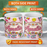 Personalized Custom Name Smiley Roller Skate Game Console Blush Pink Background Seamless 11oz Ceramic Coffee Tea Mug White Large Handle