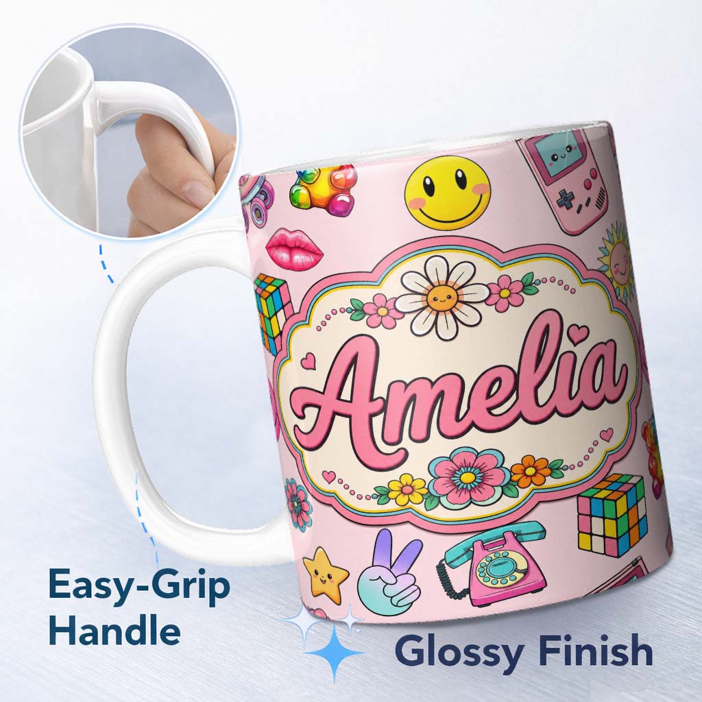 Personalized Custom Name Smiley Roller Skate Game Console Blush Pink Background Seamless 11oz Ceramic Coffee Tea Mug White Large Handle
