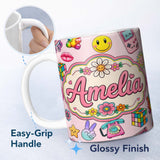 Personalized Custom Name Smiley Roller Skate Game Console Blush Pink Background Seamless 11oz Ceramic Coffee Tea Mug White Large Handle