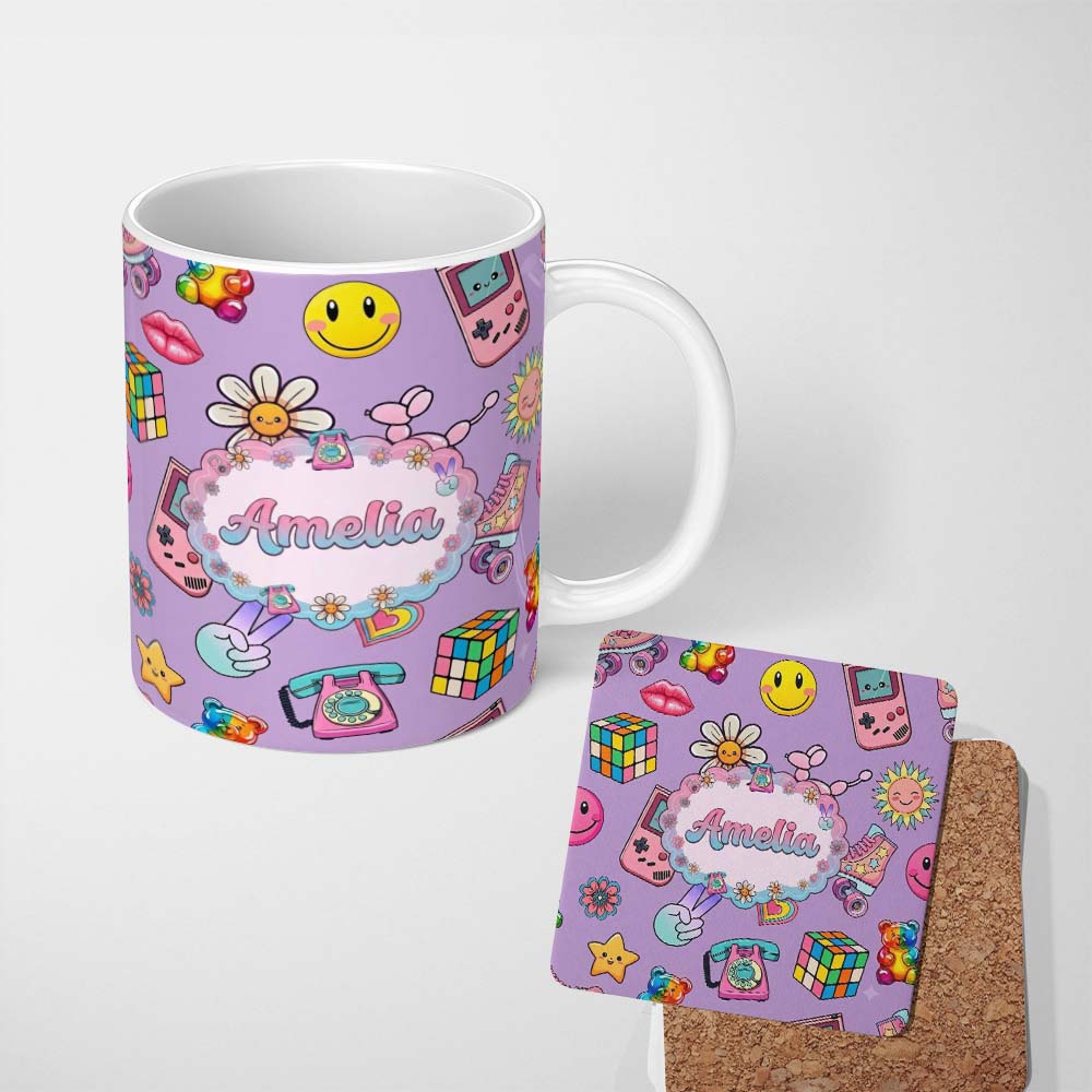 Personalized Custom Name Smiley Roller Skate Game Console Purple Background Seamless Pattern 11oz Ceramic Coffee Tea Mug White Large Handle