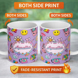 Personalized Custom Name Smiley Roller Skate Game Console Purple Background Seamless Pattern 11oz Ceramic Coffee Tea Mug White Large Handle