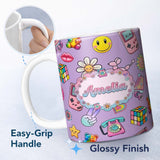 Personalized Custom Name Smiley Roller Skate Game Console Purple Background Seamless Pattern 11oz Ceramic Coffee Tea Mug White Large Handle