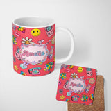 Personalized Custom Name Gummy Bear Rainbow Roller Skate Red Background Seamless Pattern 11oz Ceramic Coffee Tea Mug White Large Handle