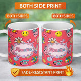 Personalized Custom Name Gummy Bear Rainbow Roller Skate Red Background Seamless Pattern 11oz Ceramic Coffee Tea Mug White Large Handle
