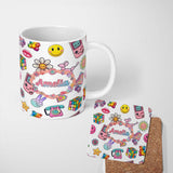 Personalized Custom Name Gummy Bear Rainbow Roller Skate Light Grey Background Seamless 11oz Ceramic Coffee Tea Mug White Large Handle