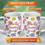 Personalized Custom Name Gummy Bear Rainbow Roller Skate Light Grey Background Seamless 11oz Ceramic Coffee Tea Mug White Large Handle