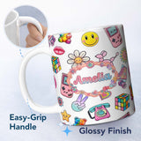 Personalized Custom Name Gummy Bear Rainbow Roller Skate Light Grey Background Seamless 11oz Ceramic Coffee Tea Mug White Large Handle