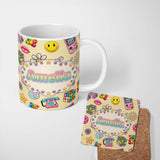 Personalized Custom Name Gummy Bear Rainbow Roller Skate Warm Beige Background Seamless 11oz Ceramic Coffee Tea Mug White Large Handle