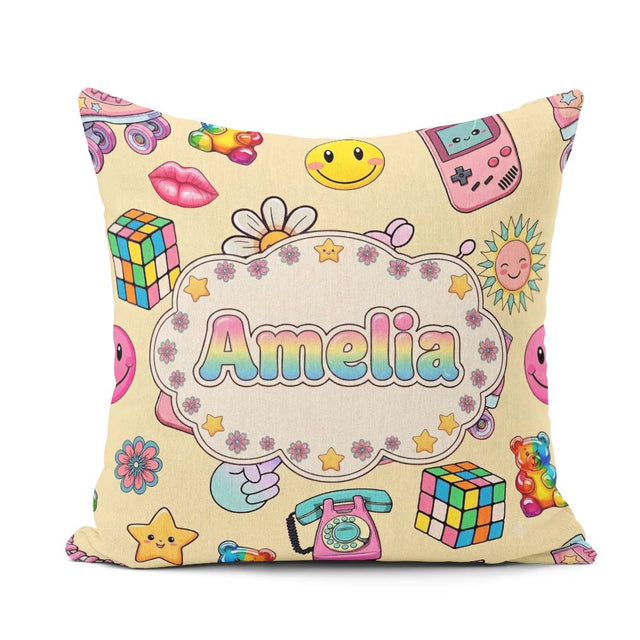 Custom Name Gummy Bear Rainbow Roller Skate Warm Beige Seamless Square Filled Cushion Throw Pillow Sofa Bed Home Decor Zip Washable UK Made