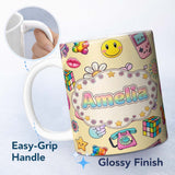 Personalized Custom Name Gummy Bear Rainbow Roller Skate Warm Beige Background Seamless 11oz Ceramic Coffee Tea Mug White Large Handle