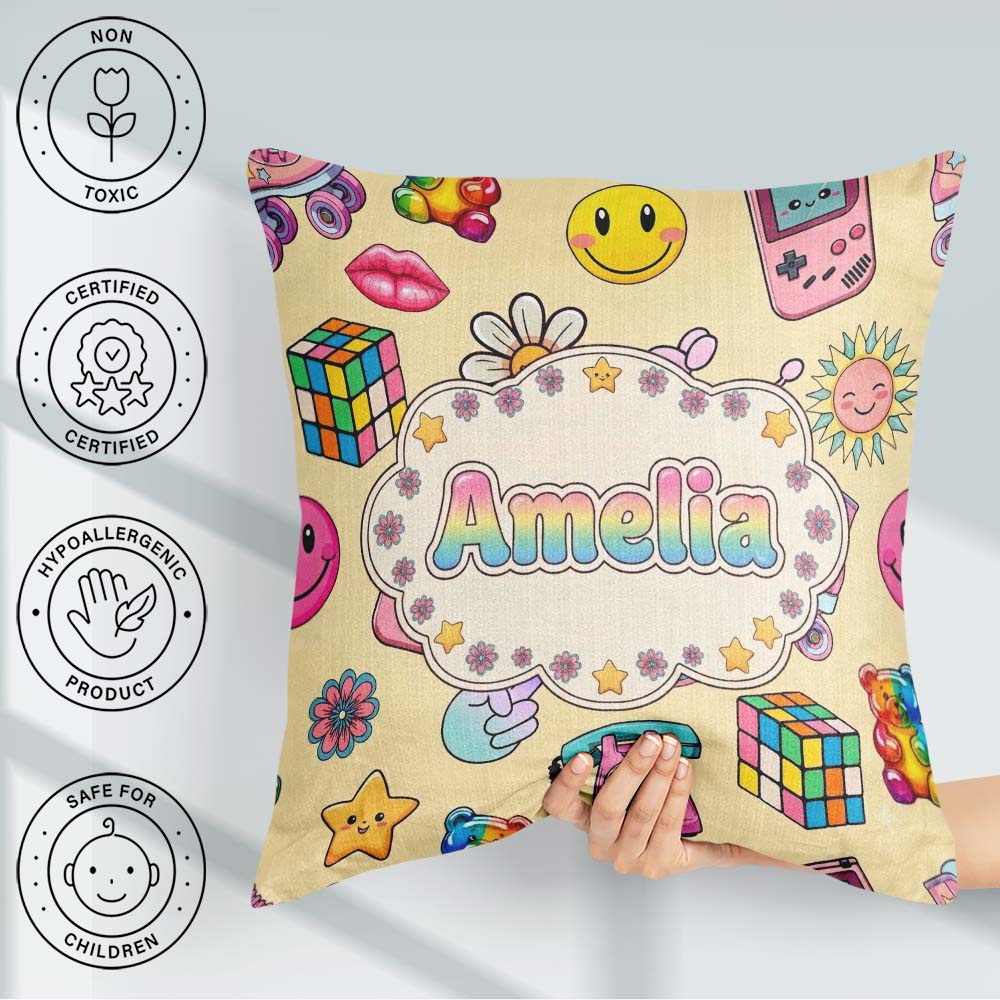 Custom Name Gummy Bear Rainbow Roller Skate Warm Beige Seamless Square Filled Cushion Throw Pillow Sofa Bed Home Decor Zip Washable UK Made