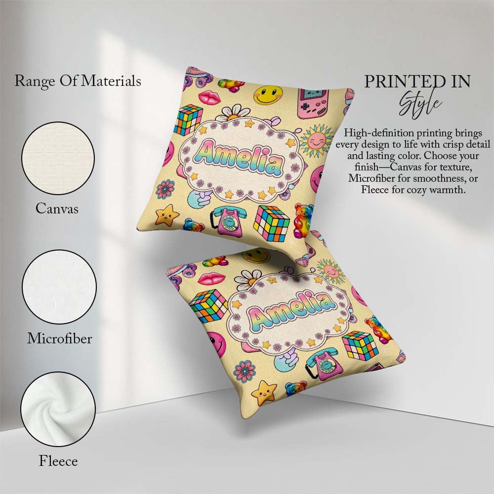 Custom Name Gummy Bear Rainbow Roller Skate Warm Beige Seamless Square Filled Cushion Throw Pillow Sofa Bed Home Decor Zip Washable UK Made