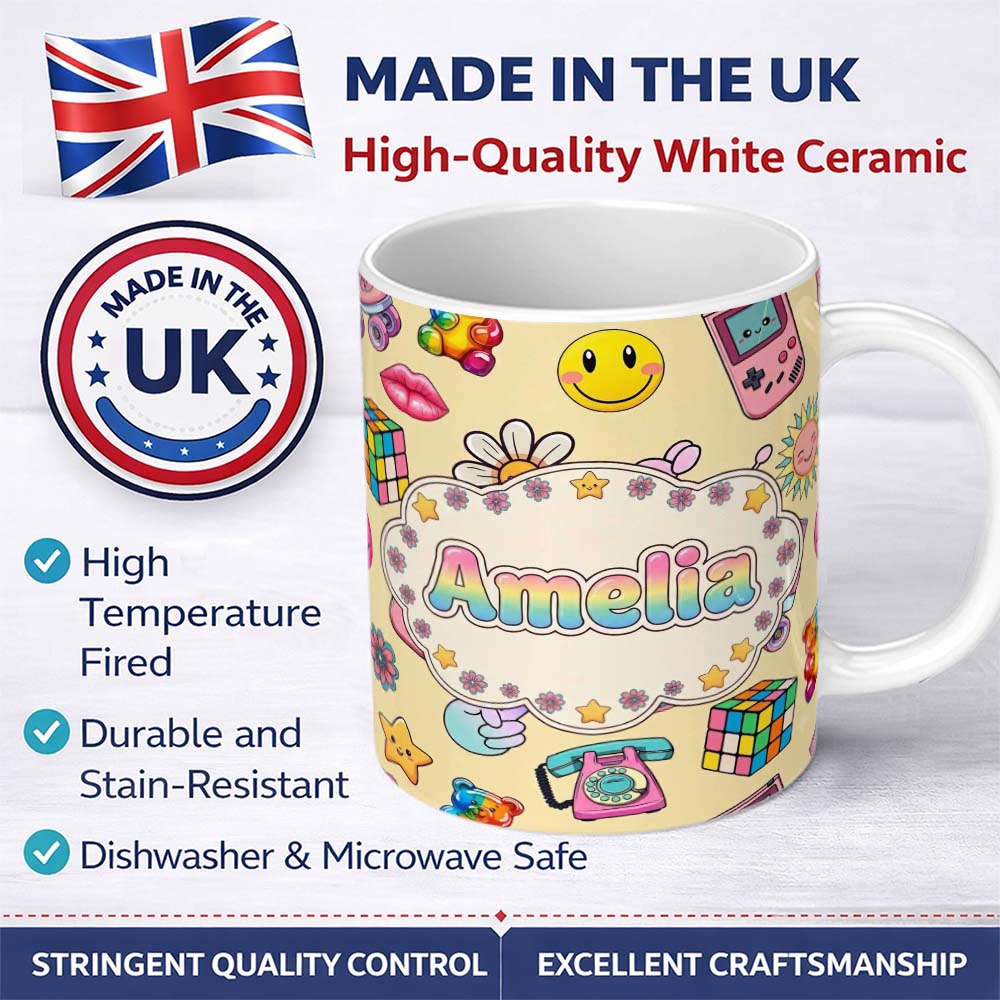 Personalized Custom Name Gummy Bear Rainbow Roller Skate Warm Beige Background Seamless 11oz Ceramic Coffee Tea Mug White Large Handle