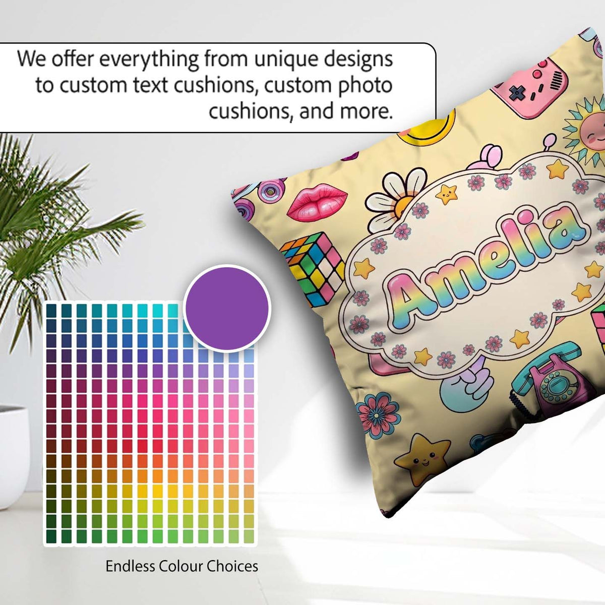 Custom Name Gummy Bear Rainbow Roller Skate Warm Beige Seamless Square Filled Cushion Throw Pillow Sofa Bed Home Decor Zip Washable UK Made