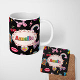 Personalized Custom Name Gummy Bear Rainbow Roller Skate Deep Black Background Seamless 11oz Ceramic Coffee Tea Mug White Large Handle