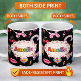 Personalized Custom Name Gummy Bear Rainbow Roller Skate Deep Black Background Seamless 11oz Ceramic Coffee Tea Mug White Large Handle