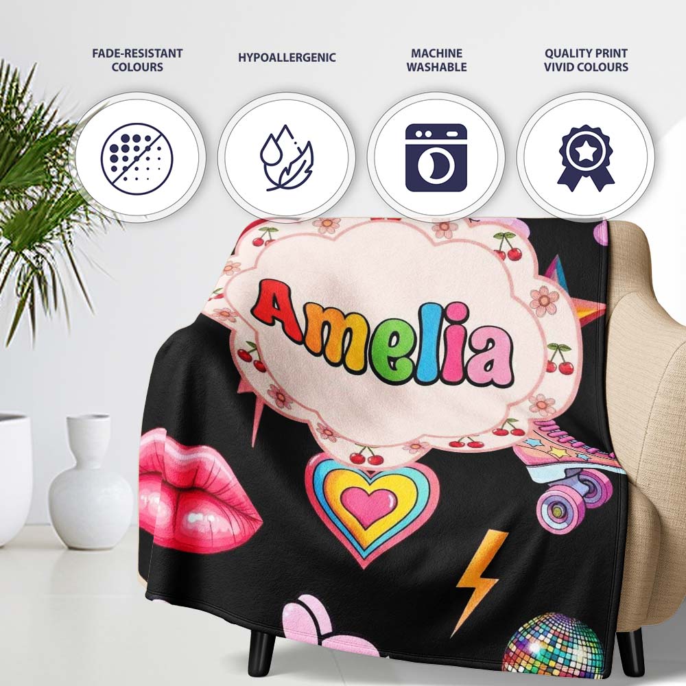 Gummy Bear Rainbow Roller Skate Deep Black Background Seamless  Personalised Custom Name Super Soft Fleece Blanket Bed Sofa Throw
