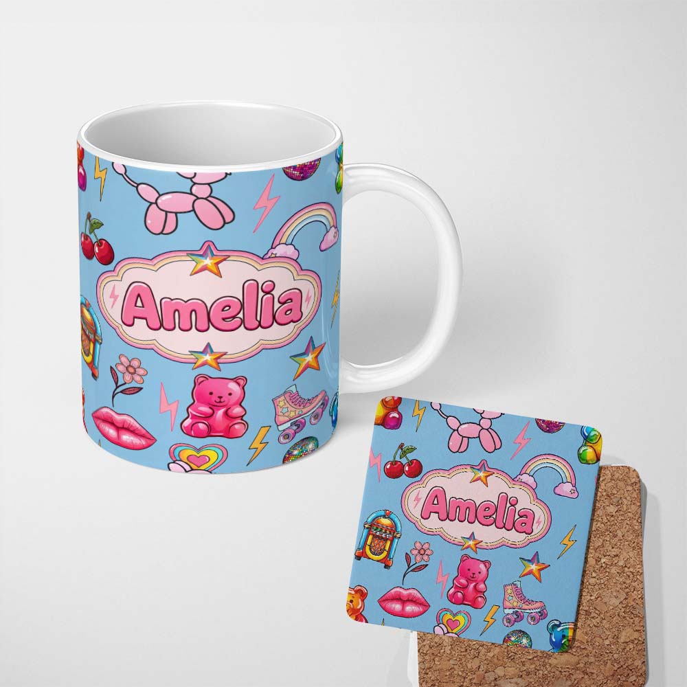 Personalized Custom Name Gummy Bear Rainbow Roller Skate Soft Blue Background Seamless 11oz Ceramic Coffee Tea Mug White Large Handle