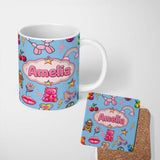 Personalized Custom Name Gummy Bear Rainbow Roller Skate Soft Blue Background Seamless 11oz Ceramic Coffee Tea Mug White Large Handle