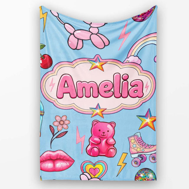 Gummy Bear Rainbow Roller Skate Soft Blue Background Seamless  Personalised Custom Name Super Soft Fleece Blanket Bed Sofa Throw