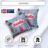 Custom Name Gummy Bear Rainbow Roller Skate Soft Blue Background Square Filled Cushion Throw Pillow Sofa Bed Home Decor Zip Washable UK Made