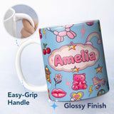 Personalized Custom Name Gummy Bear Rainbow Roller Skate Soft Blue Background Seamless 11oz Ceramic Coffee Tea Mug White Large Handle