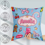 Custom Name Gummy Bear Rainbow Roller Skate Soft Blue Background Square Filled Cushion Throw Pillow Sofa Bed Home Decor Zip Washable UK Made
