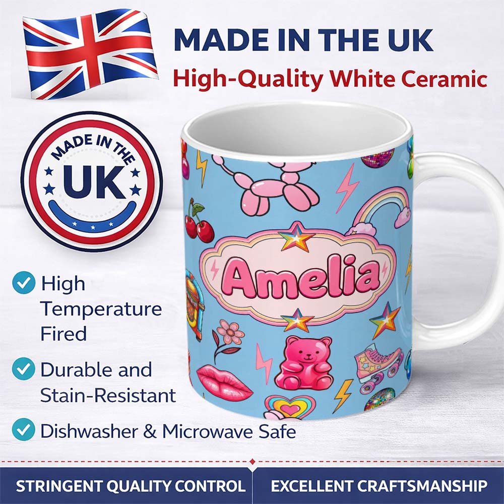 Personalized Custom Name Gummy Bear Rainbow Roller Skate Soft Blue Background Seamless 11oz Ceramic Coffee Tea Mug White Large Handle